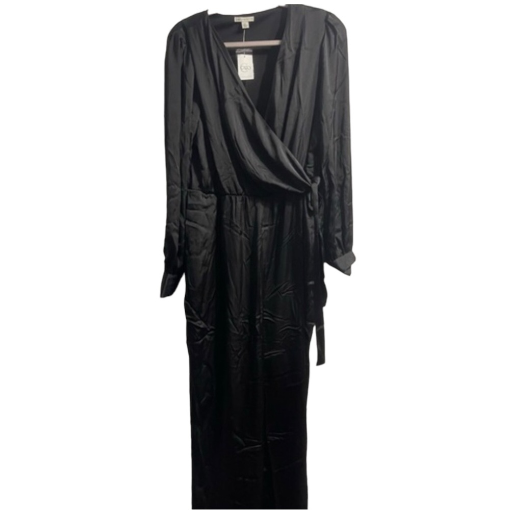 Cato size XL black satin jumpsuit faux wrap top wide leg fits like 14 NWT